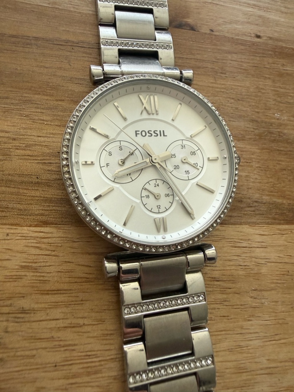 Fossil Silver-Tone Crystal Accent Women's Watch with White Dial